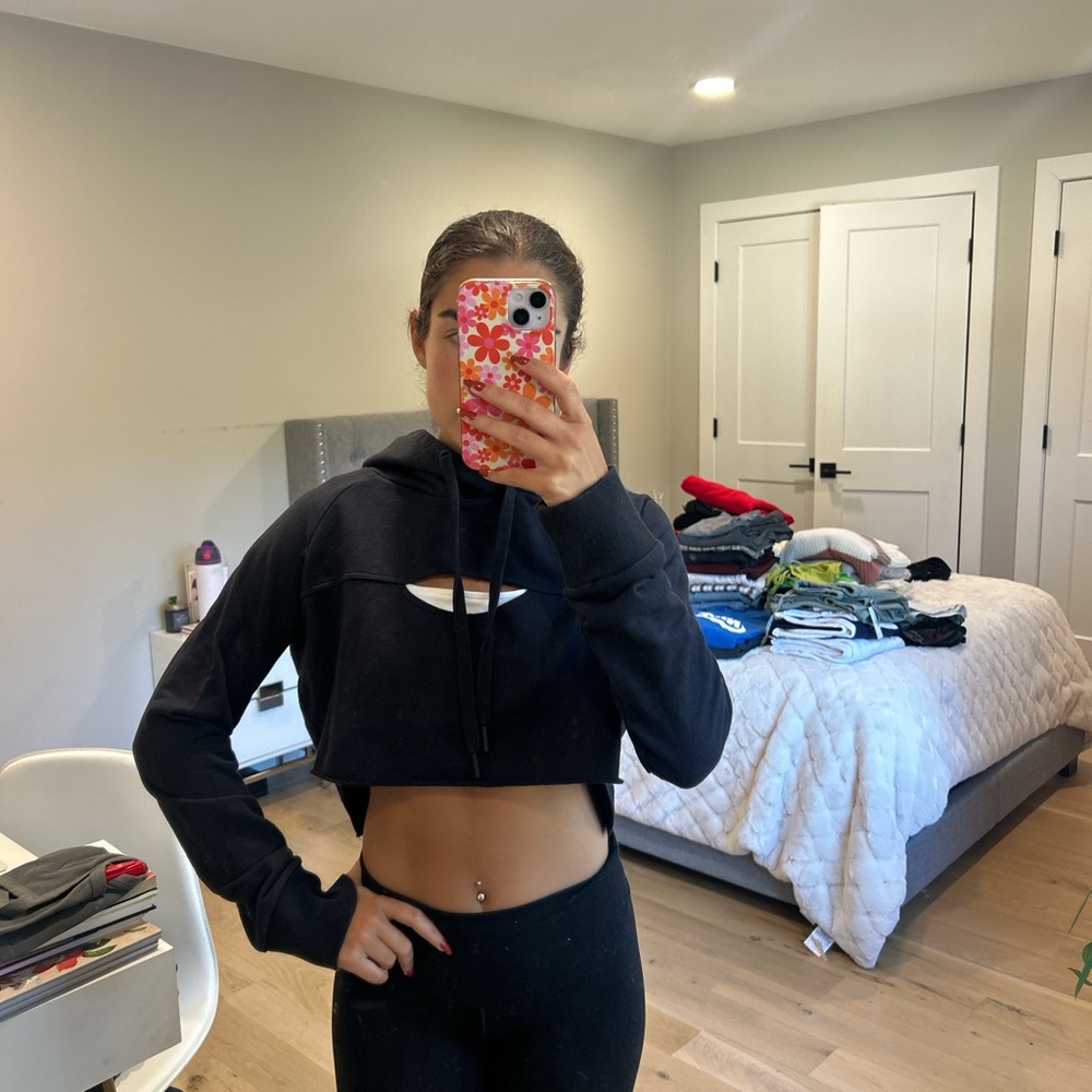 Black Cropped Hoodie with Cutout Detail